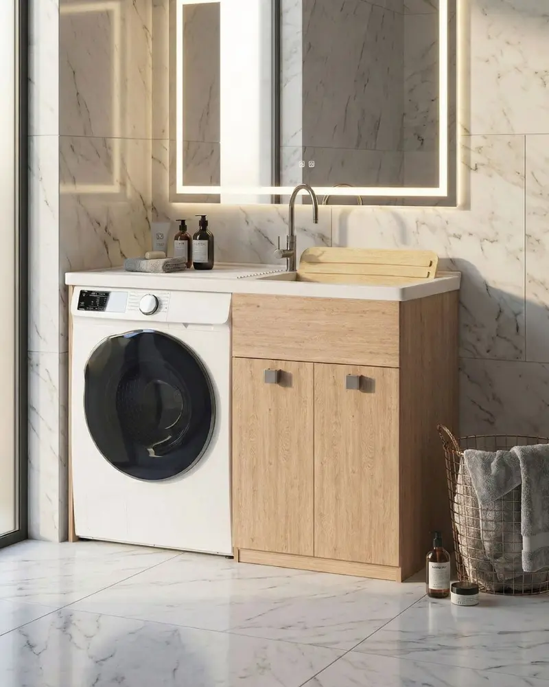 Mobile coprilavatrice Pulsa Sx - Con 2 anta e lavatoio - Contenitore salvaspazio per bagno e lavanderia - Lavatrice non inclusa - Miscelatore opzionale - 2 varianti colore - 124x93x60 cm