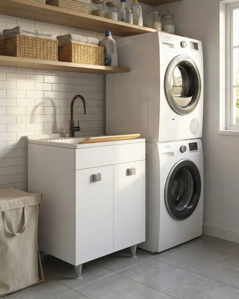 Mobile lavatoio Irene - Con 2 anta e lavatoio - Contenitore salvaspazio per bagno e lavanderia - Miscelatore opzionale - 2 varianti colore - 60 x 89 x 51 cm