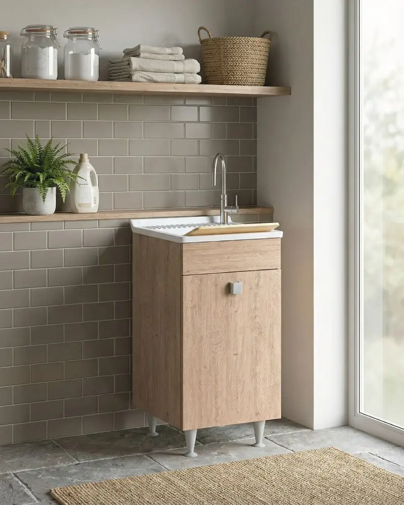 Mobile lavatoio Lina - Con 1 anta e lavatoio - Contenitore salvaspazio per bagno e lavanderia - Miscelatore opzionale - 2 varianti colore - 46 x 89 x 51 cm