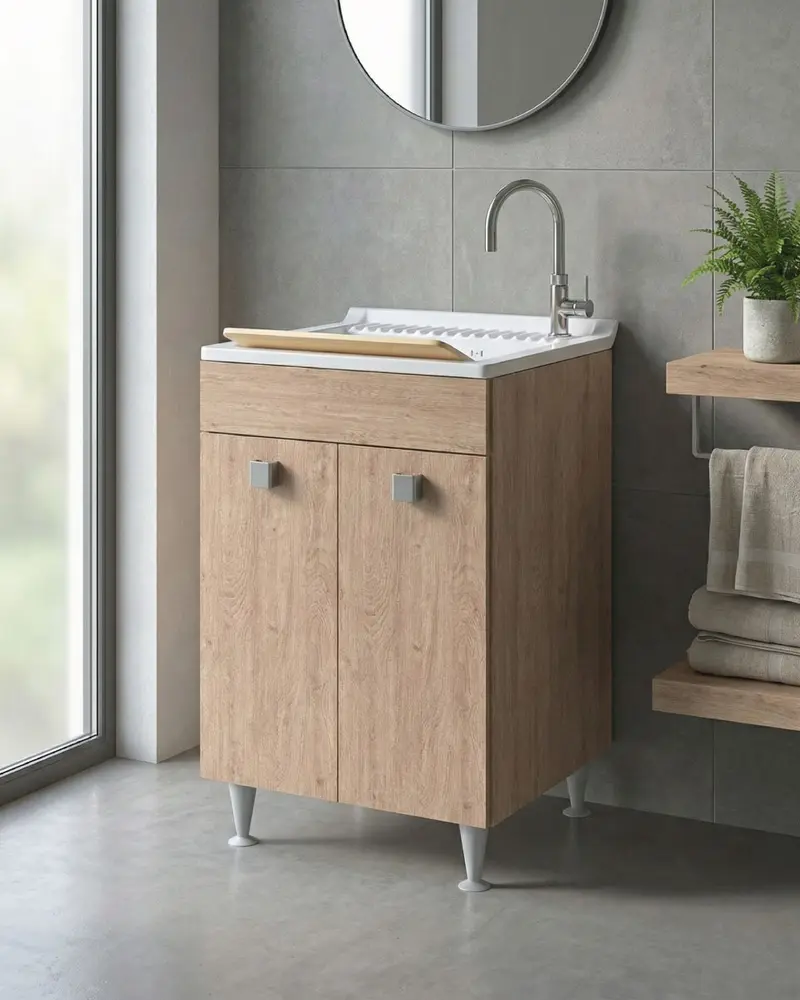Mobile lavatoio Miriam - Con 2 anta e lavatoio - Contenitore salvaspazio per bagno e lavanderia - Miscelatore opzionale - 2 varianti colore - 60 x 89 x 61 cm
