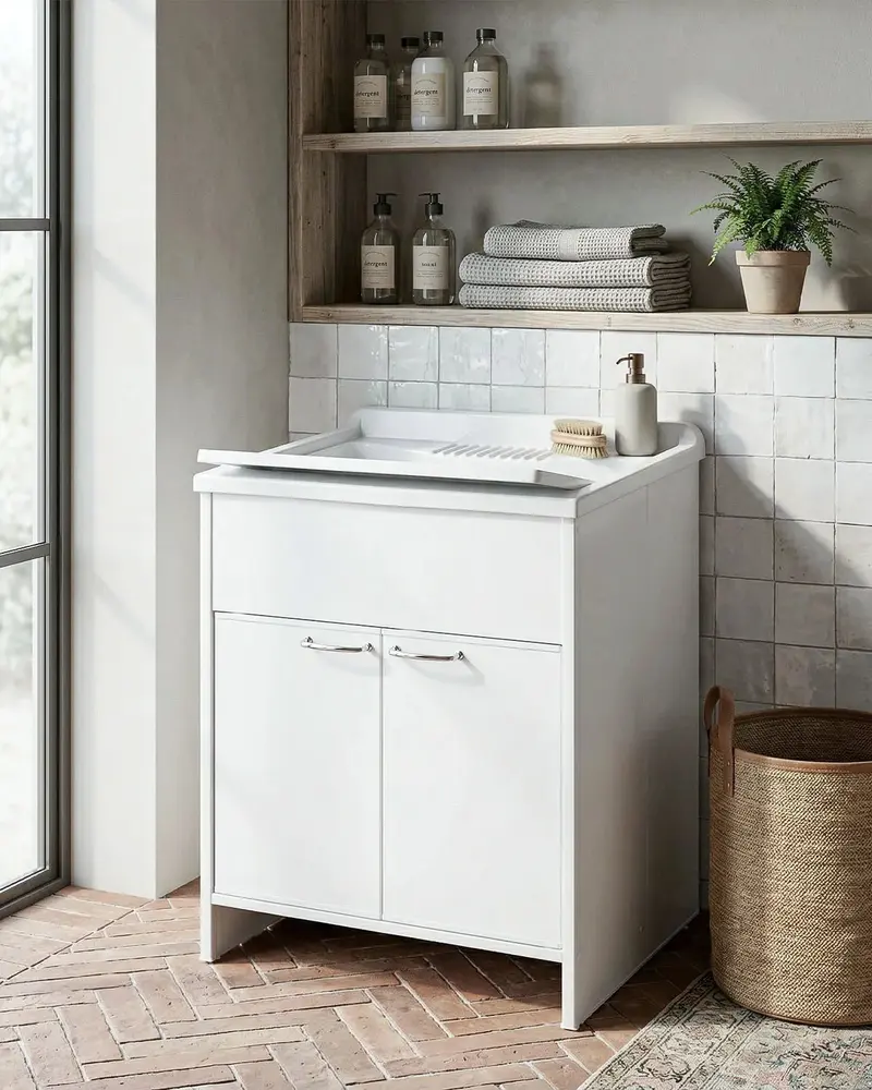Mobile Lavatoio NEXA FIONA 60 – Lavapanni in PVC con Vasca e 2 Ante – 60x50x85 cm Bianco
