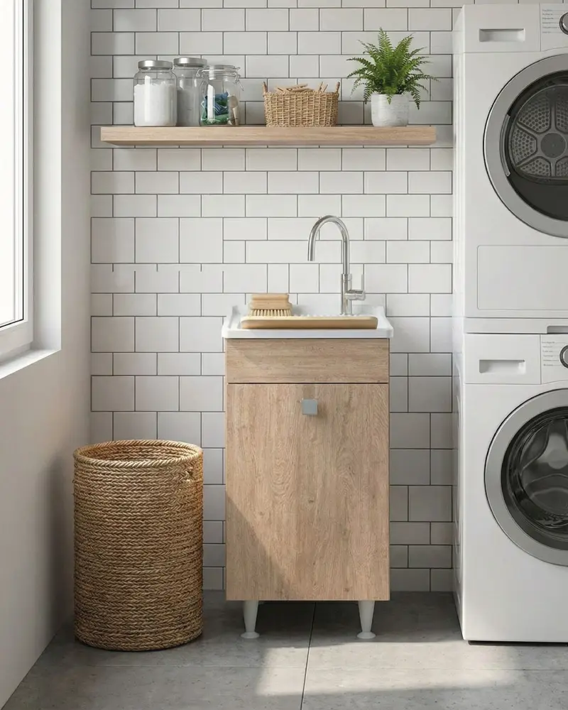 Mobile lavatoio Rose - Con 1 anta e lavatoio - Contenitore salvaspazio per bagno e lavanderia - Miscelatore opzionale - 2 varianti colore - 49 x 89 x 51 cm
