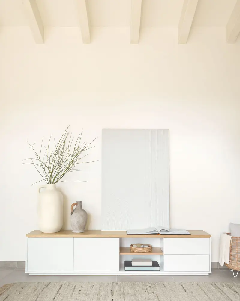 Mobile TV Abilen 2 ante 2 cassetti impiallacciato rovere laccato bianco 200x44 cm
