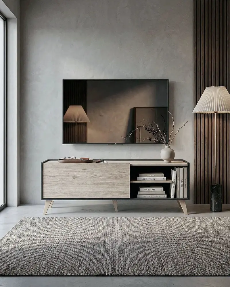 Mobile TV FOCUS – Porta TV Moderno Stile Nordico con Anta e Ripiani Antracite e Olmo 155 cm