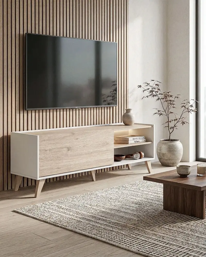 Mobile TV LARS – Porta TV Moderno Stile Nordico con Anta e Ripiani Bianco e Olmo 155 cm