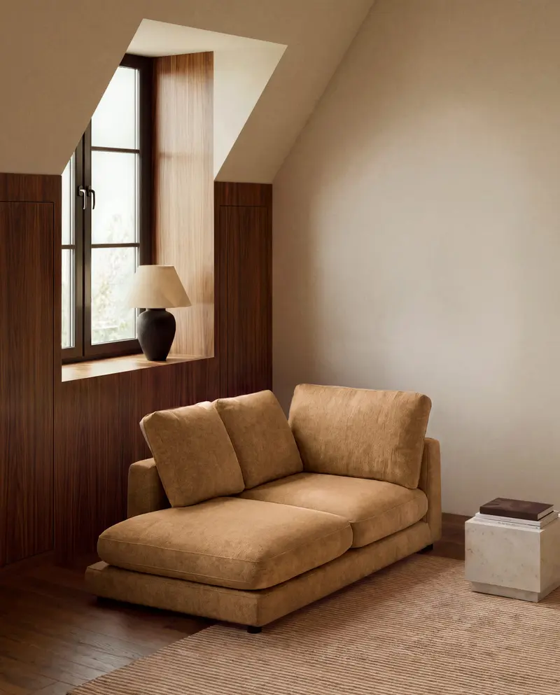 Modulo chaise longue destro Gala in micro bouclé color senape