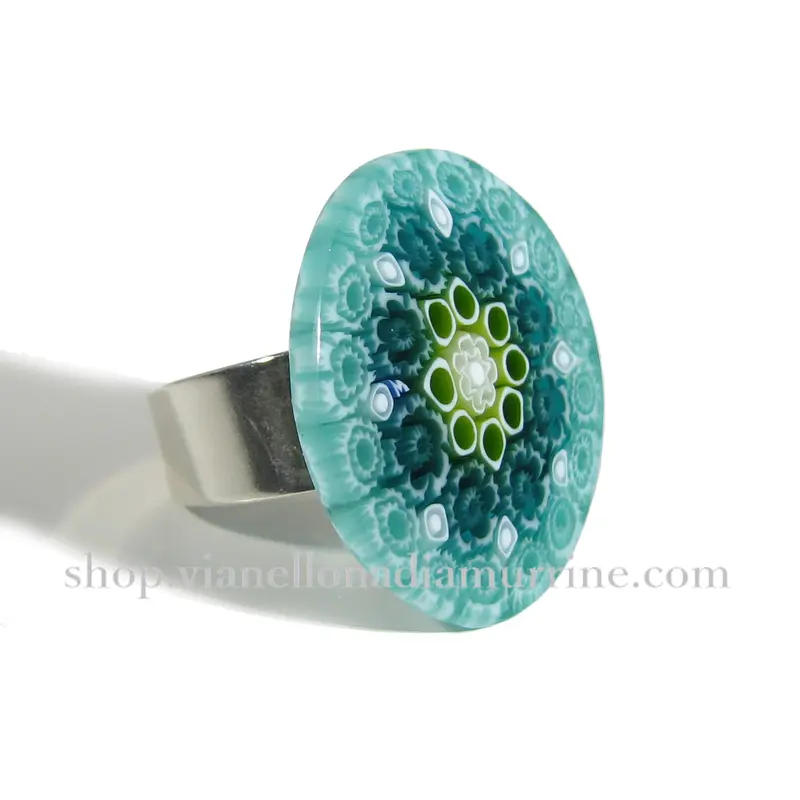 Murano glass "Millefiori" oval ring set in 925 sterling silver 22 x 26 mm