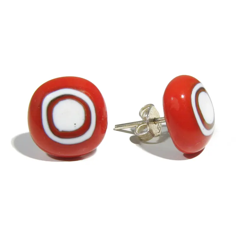 Murano glass round earrings Red and White "Single Pearl"