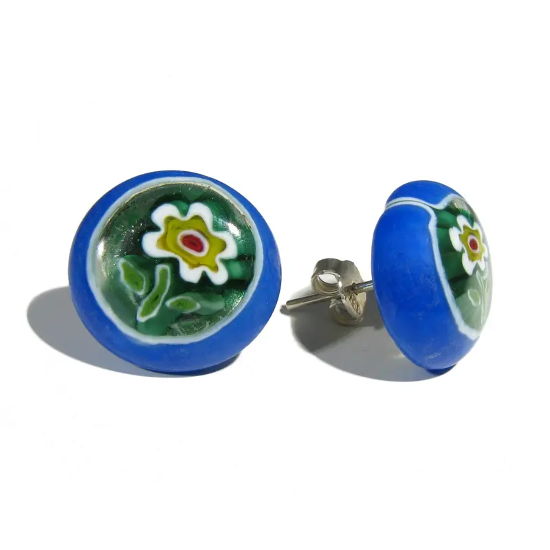 Murano glass round earrings "Single Pearl" Blue Flower