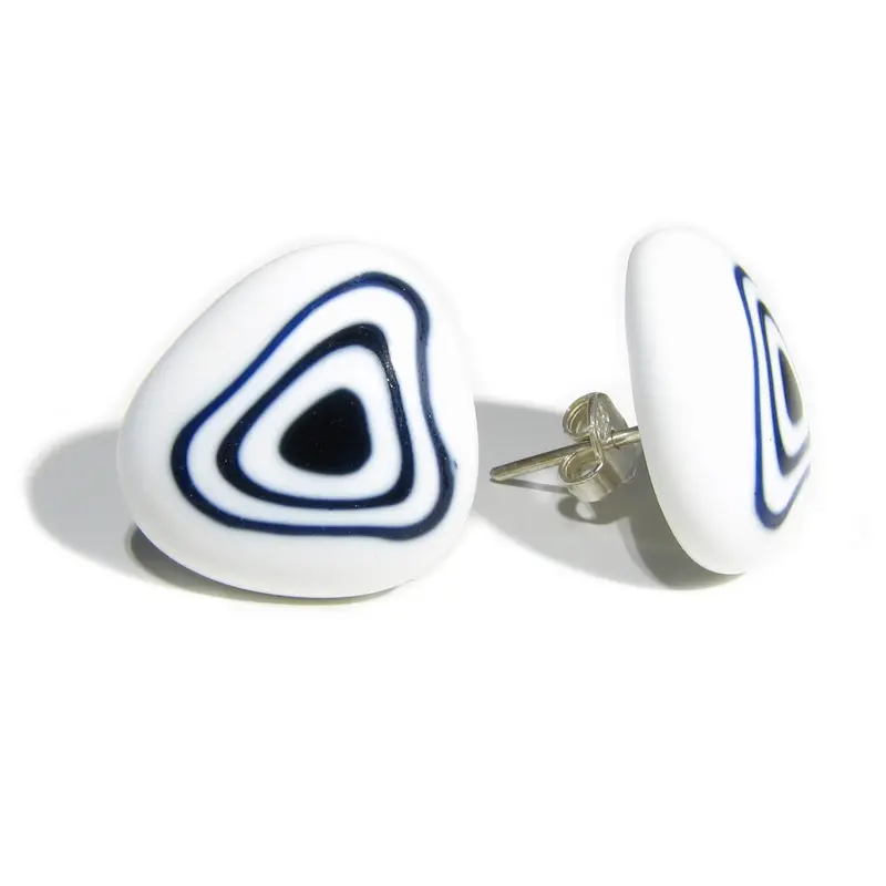 Murano glass round earrings White and Blue "Single Pearl"