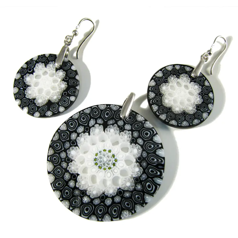 Murano glass Round Pendant and earrings set Millefiori 27