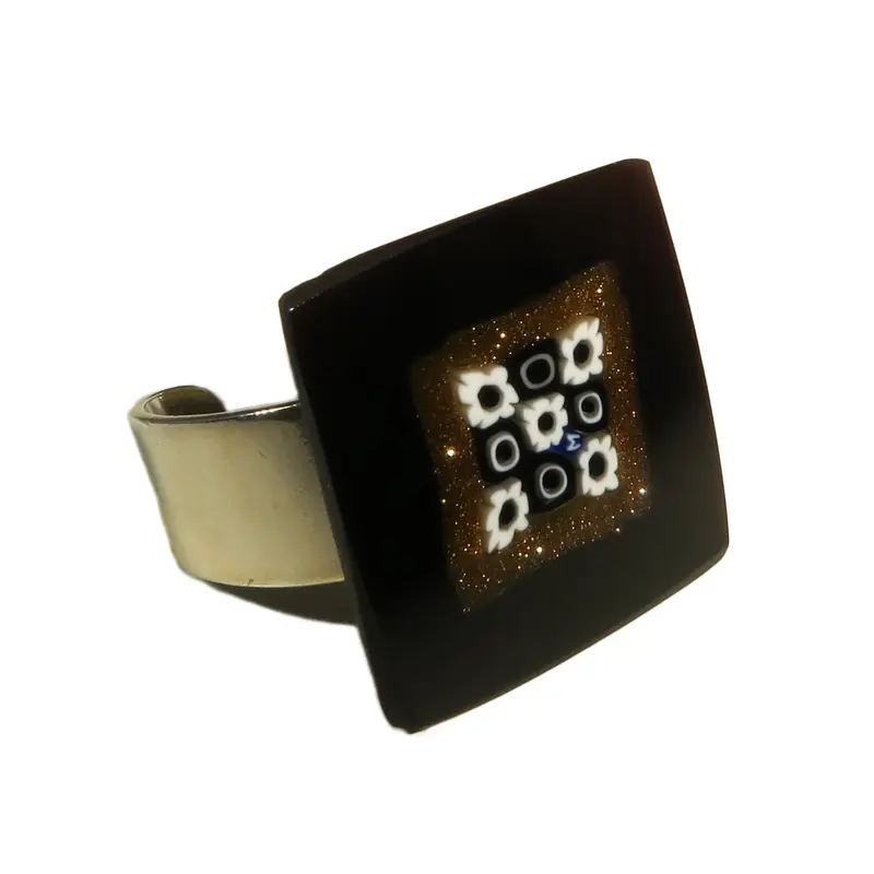 Murano glass square Ring "Scacchiera 9 perle" set in 925 Sterling Silver