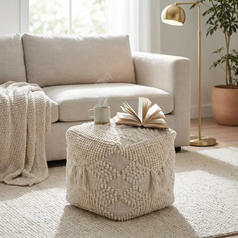 Nadia - pouf in lana cotone bianco 40x40