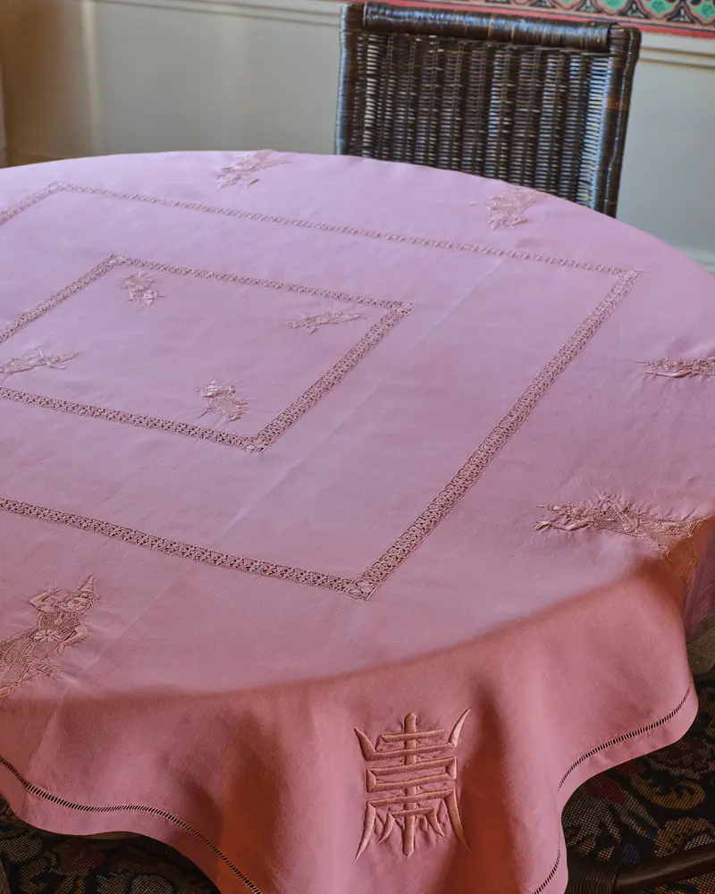 Napoleon III Chinoiserie-Embroidered Tea Cloth and Napkin Set