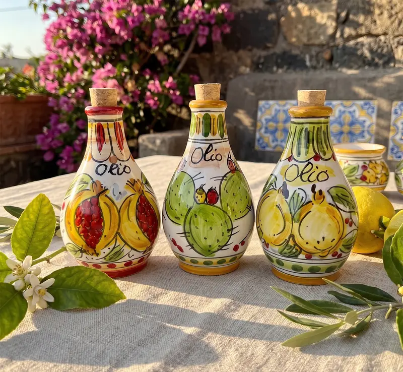 Oliera in ceramica siciliana di Caltagirone decorata a mano tappo in sughero