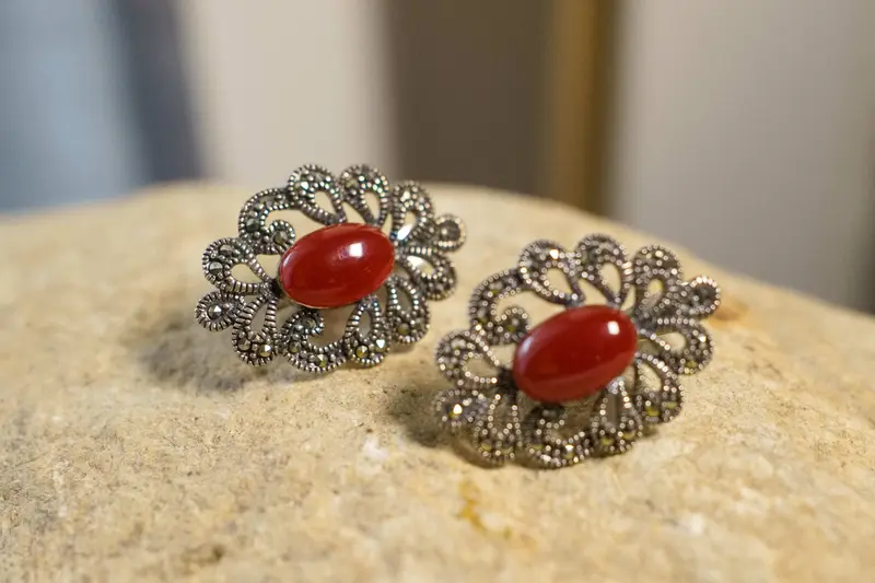 Orecchini in Argento 925, Agata Corniola e Zirconi - Stile Vittoriano