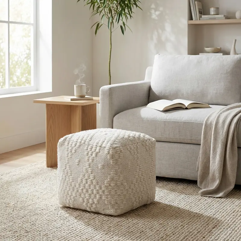Orizia - Pouf in lana e cotone bianco 40x40