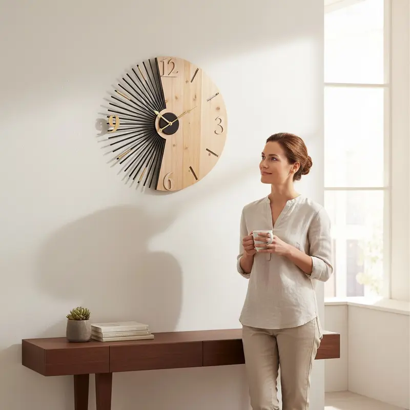 Orologio da Parete Éclat Wood | Orologio Decorativo in Legno e Metallo Nero e Oro | Design Moderno e Geometrico | Ø 60 cm