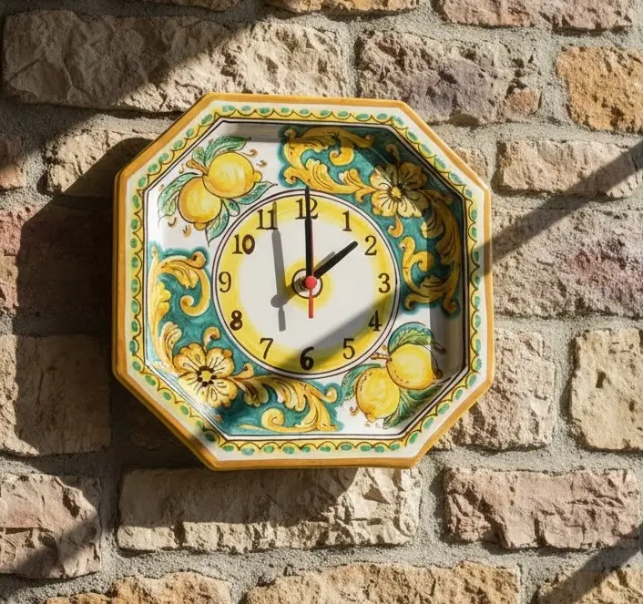 Orologio da parete in ceramica decorata a mano da ceramisti siciliani limoni art 24