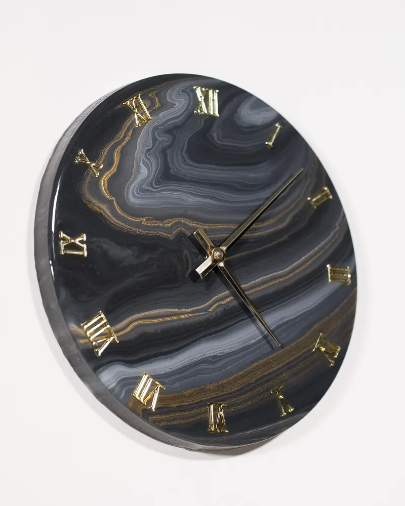 Orologio da Parete in Legno Resina effetto Marmo Nero e Oro 30 cm di diametro