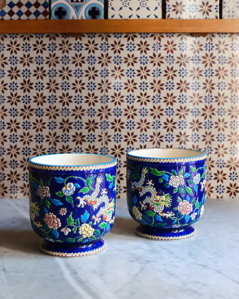 Pair of Gien Glazed Faience Cachepots