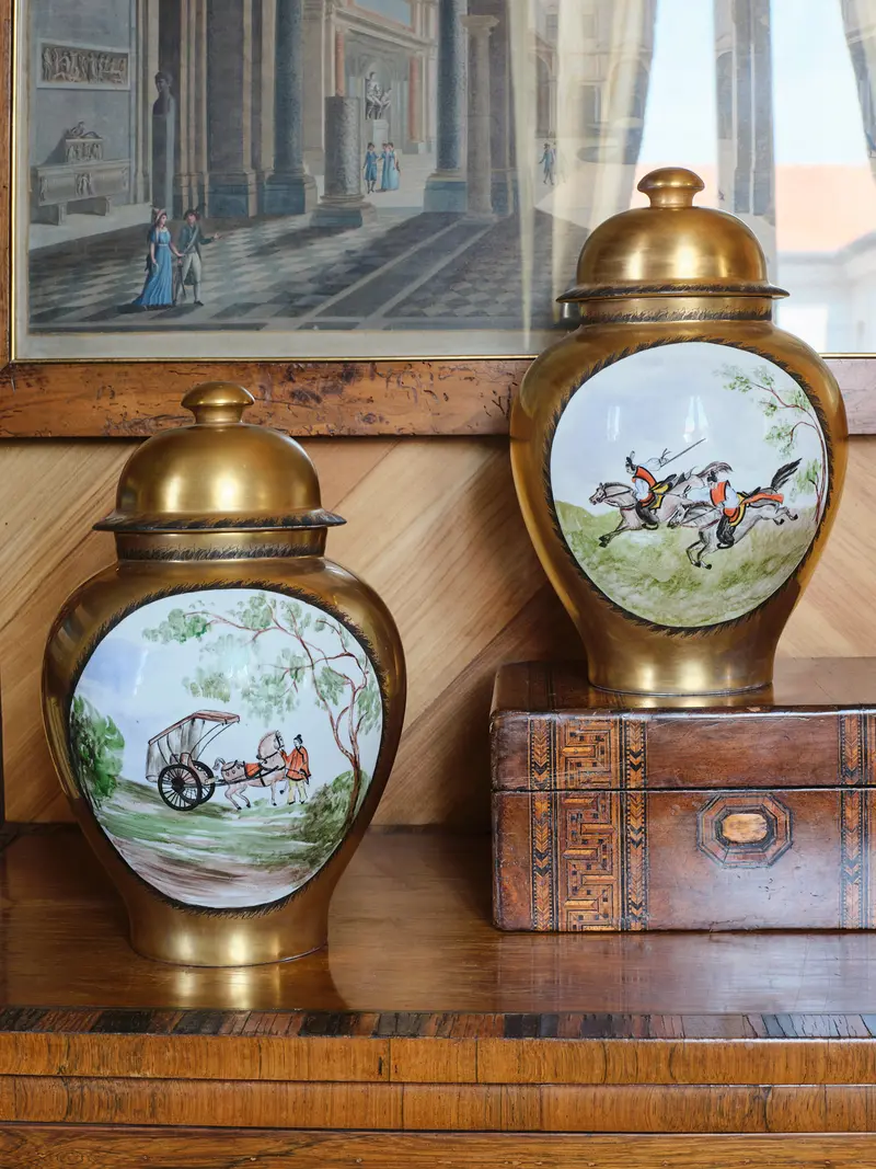 Pair of Italian Orientalist Porcelain Potiches