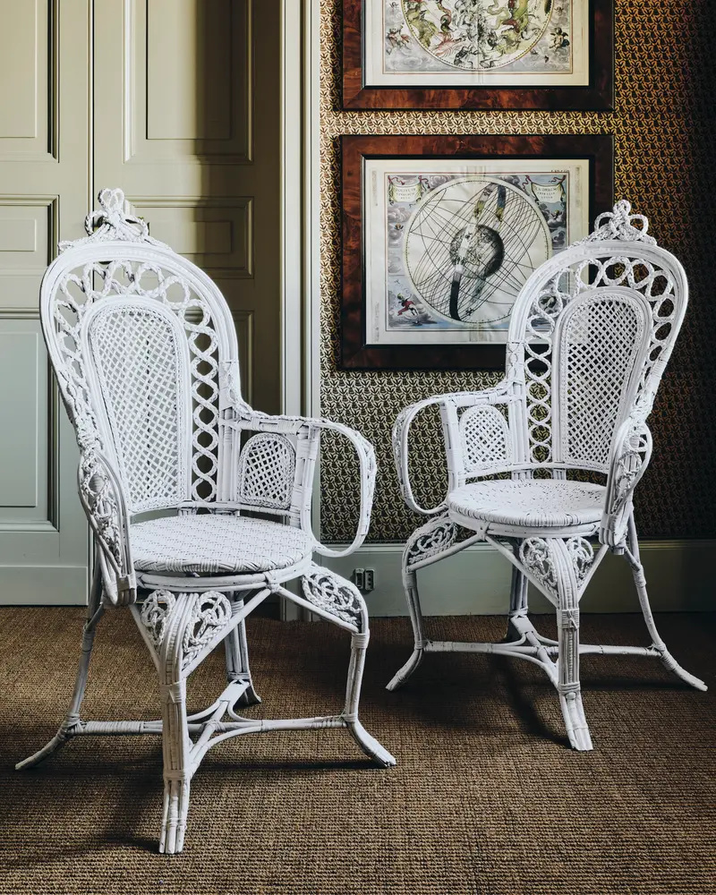 Pair of Ornate White Cane Armchairs