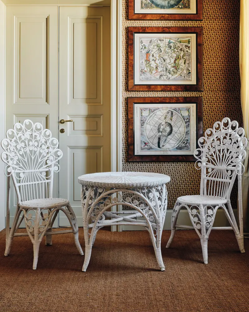 Pair of White Peacock-Back Chairs with Matching Table