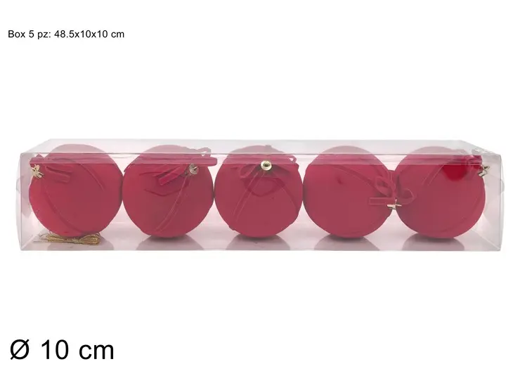 PALLA 10CM EFFETTO VELLUTO ROSSO C FIOCCO SET 5PZ IN BOX PVC