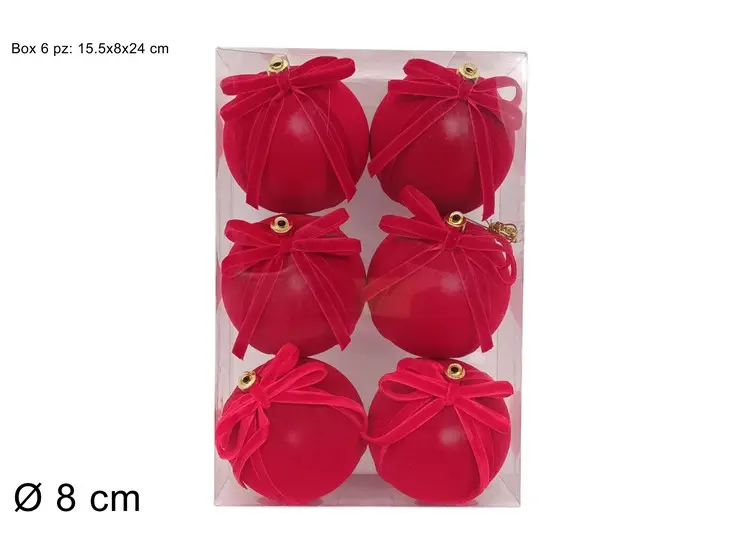 PALLA 8CM EFFETTO VELLUTO ROSSO C FIOCCO SET 6PZ IN BOX PVC