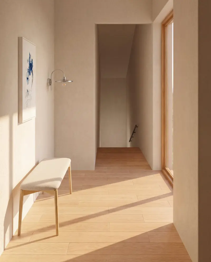 Panca Evera in ciniglia beige e impiallacciato di rovere con finitura naturale 122 cm