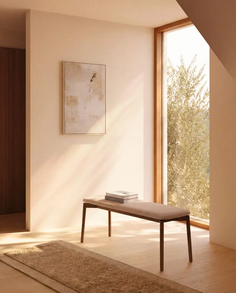 Panca Evera in ciniglia marrone e impiallacciato di rovere con finitura noce 122 cm