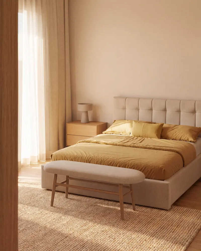 Panca Helda in ciniglia beige e legno massello di rovere FSC Mix Credit 122 cm
