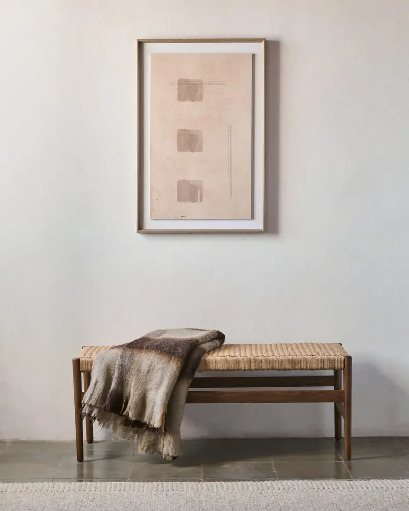 Panca Zaide in legno massiccio di rovere con finitura in noce e seduta in corda 120 cm
