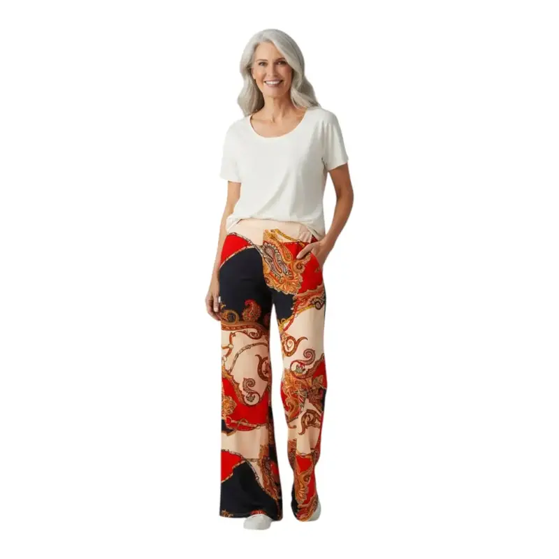 Pantalone lungo donna a pallazzo in fantasia Cashmere in viscosa con tasche