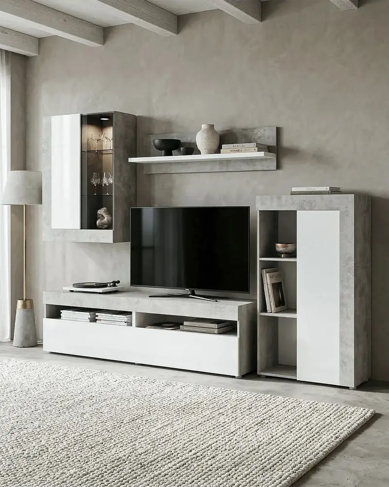Parete Attrezzata Soggiorno ARKEN – Mobile TV con pensili e mensola – Cemento e bianco