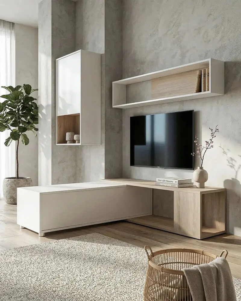 Parete Attrezzata Soggiorno VAREN – Mobile TV modulare con pensile e mensola – Bianco e rovere
