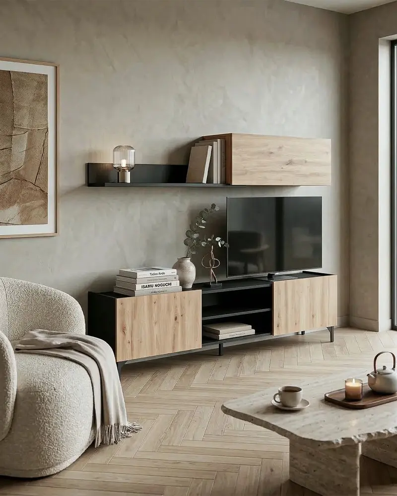 Parete TV TESS – Mobile Porta TV con Pensile e Ripiani, Design Moderno Nero e Rovere