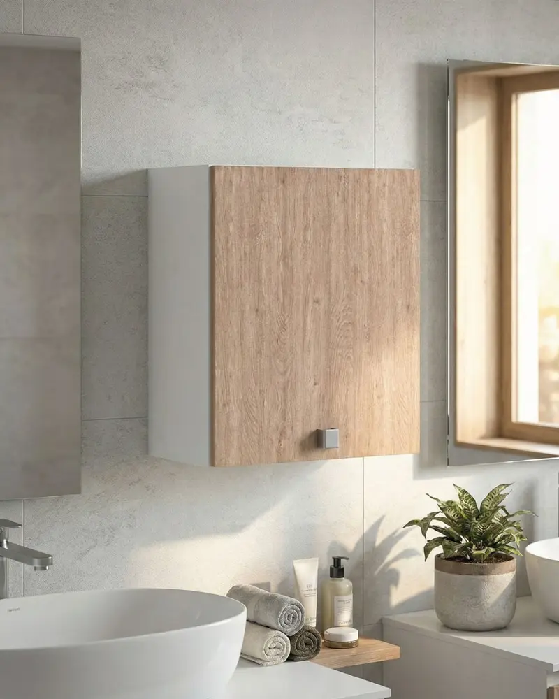 Pensile lavanderia Tera - 1 anta - Salvaspazio per bagno e lavanderia a muro - Ripiano incluso - 2 varianti colore - 60 x 72 x 33 cm