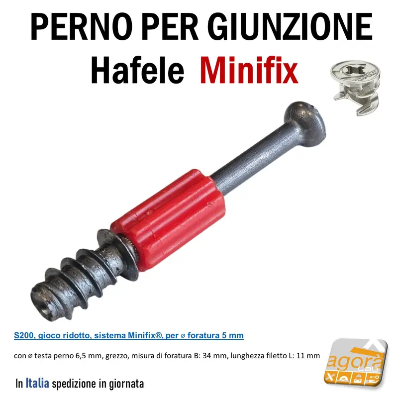 Perni Giunzione Pannelli HAFELE Minifix Perno S200 mm 34 foro D5mm per eccentrico x Armadi
