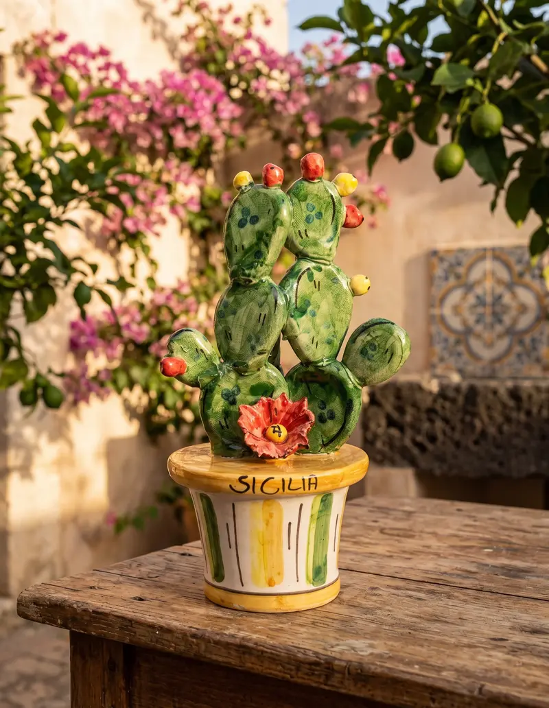 Piantina vaso ficodindia decorativo in ceramica di Caltagirone realizzato a mano art. arancio