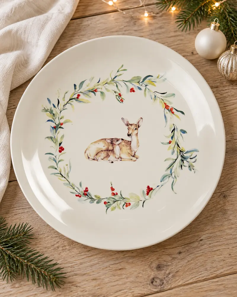 Piatto da portata con cervo e ghirlanda in ceramica ø28 cm