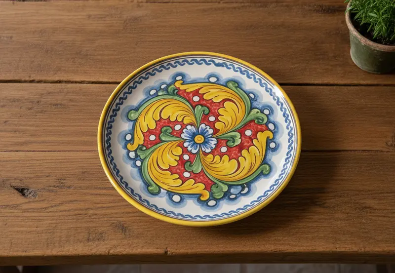 Piatto grande in ceramica decorata a mano da ceramisti siciliani fiore rosso art 12