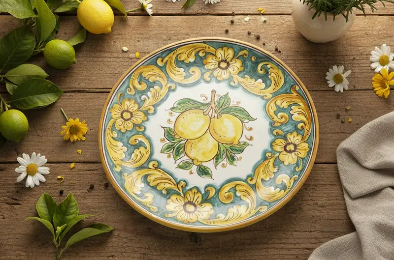 Piatto grande in ceramica decorata a mano da ceramisti siciliani limoni art 12