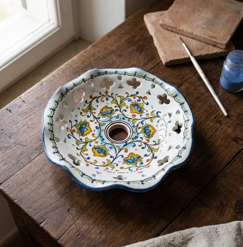 Piatto in ceramica per lampadario decorato realizzato e firmato a mano sospensione art. fiore