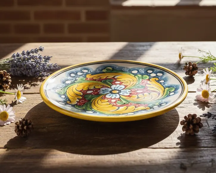 Piatto medio in ceramica decorata a mano da ceramisti siciliani fiore rosso art 13