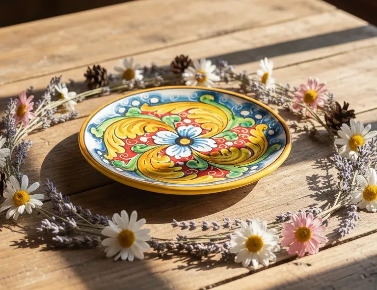 Piatto piccolo in ceramica decorata a mano da ceramisti siciliani fiore rosso art 14