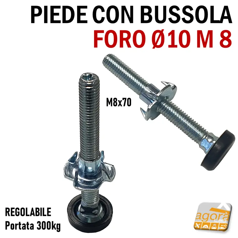 PIEDE REGOLABILE PER MOBILI FORO 10mm ZINCATO M8mm L70 CON PIATTELLO PIEDI 4-100pz