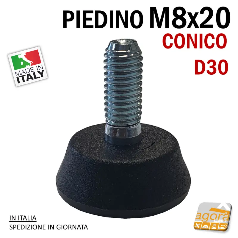 PIEDI PIEDE PIEDINO FILETTATO M8x20 GOMMA NERA CONICO D30x12 PER MOBILI E TELAI 4-100pz