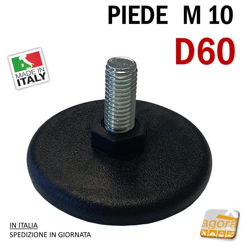 PIEDINO REGOLABILE D60 FILETTATO M10x22MM IN PLASTICA NERA X TAVOLI TELAI PIEDE PIEDI 20pz